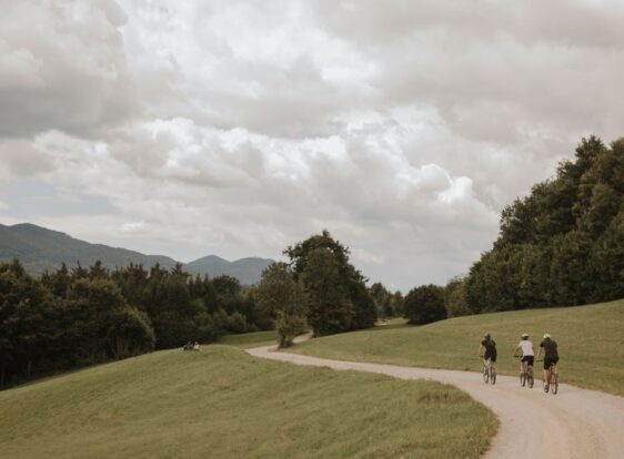 Three cyclists riding along a winding gravel road through meadows, with forests and rolling hills in the background.