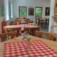 The interior of Vojko Lodge on Nanos features wooden tables covered with traditional red-and-white checked tablecloths, creating a warm and welcoming mountain hut atmosphere.